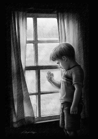Little boy looking out window - a drawing free wallpaper for mobile