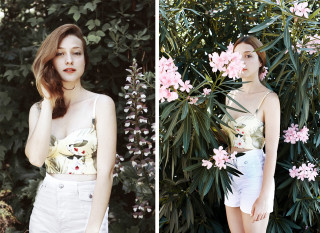 Woman standing bush pink flowers - free vintage wallpaper for desktop