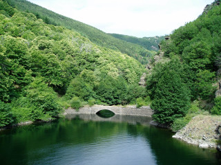 Bridge river trees mountain range - eizō katō free wallpaper