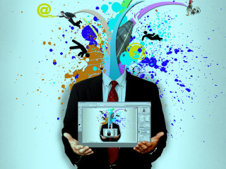 Man holding computer colorful splash - professional digital art free wallpaper