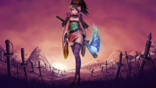 Woman sword bird grass rocks - a purple sky behind her free wallpaper