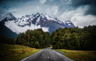 Mountain road forest grass clouds - both side free wallpaper
