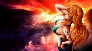 Woman bikini water fire clouds - an anime drawing free wallpaper