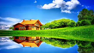 House lake reflection green field - a green field and trees free wallpaper