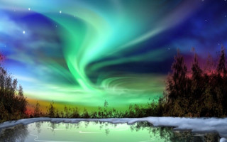 Aurora borealis pond woods snow - tree and snow free wallpaper