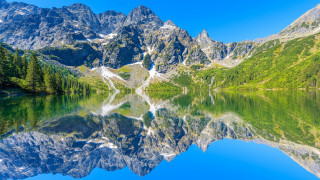 Mountain lake trees reflection blue - auseklis ozol free wallpaper