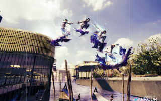 Skateboarders bridge water sky background - kinetic free wallpaper