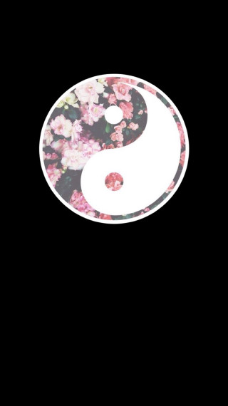 Flowered yin yang symbol black - grunge aesthetic free wallpaper for mobile