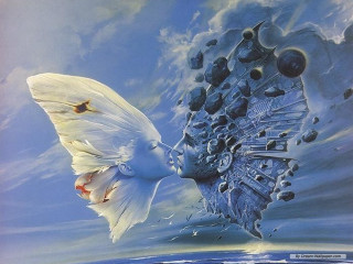 Woman kissing dove sky background - over her free wallpaper