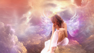 Woman kneeling halo wings above - surreal free wallpaper