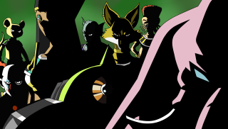 Animated characters group dark room - menacing free wallpaper