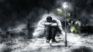 Man wings bench lamppost bridge - somber free wallpaper for desktop