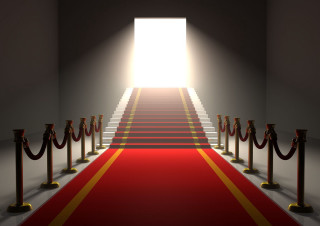 Red carpeted hallway bright light - the light free wallpaper