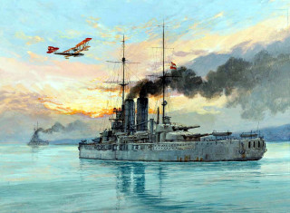 Battleship water plane flying over - matte drawing free wallpaper