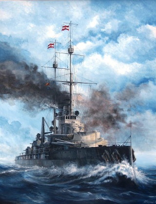 Battleship ocean smoke flags painting - free ship wallpaper for mobile
