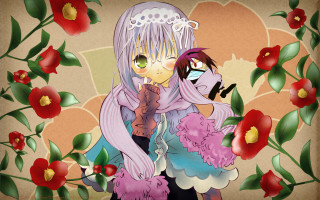 Anime couple hugging flowers leaves - a wallpaper background free wallpaper