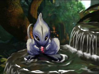 Cartoon cat pond waterfall person - a cup free wallpaper