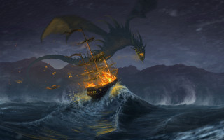 Dragon attack ship ocean night - fire free wallpaper