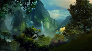 Mountain castle forest waterfall painting - a forest below free wallpaper