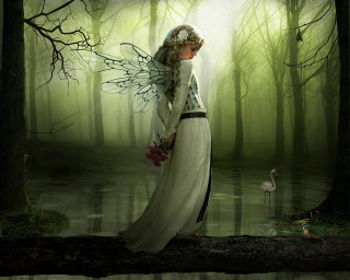 Woman white dress forest bird 5 - matte fantasy painting free wallpaper