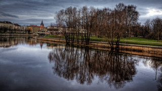 River trees cloudy sky building - reflection free wallpaper for desktop
