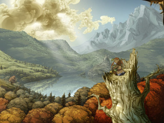 Man sitting tree stump mountains - a tree stump free wallpaper