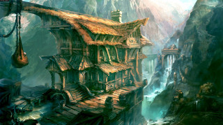 House mountain waterfall bridge man - christophe vacher free wallpaper