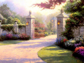Garden gate flowers path painting - kinkade free wallpaper