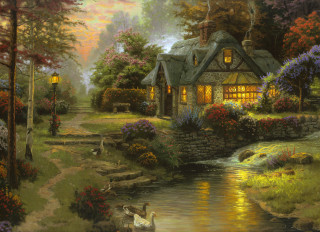 House stream swans light painting - edward lamson henry free wallpaper