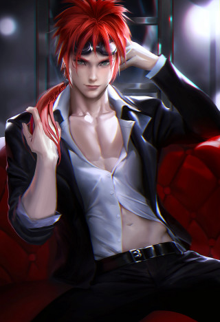 Red haired man sitting on - a red chair free wallpaper for mobile