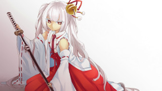 Woman sword crown sitting red - ukiyoe free wallpaper for desktop