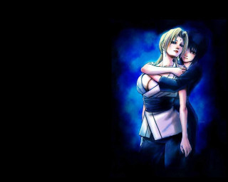 Couple hugging dark room blue - figurative art free wallpaper