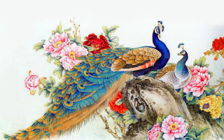 Peacocks branch flowers leaves painting - oil painting free wallpaper