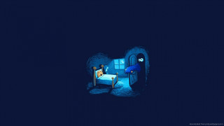 Cartoon character dark room bed - a blue curtain free wallpaper