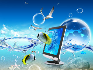 Computer monitor desk fish bubbles - top of a desk next free wallpaper
