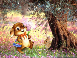Rabbit holding flowers field trees - whimsical free wallpaper