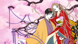 Couple people tree pink flowers - ukiyoe free wallpaper for desktop