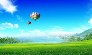 Hot air balloons green lake - a couple free wallpaper