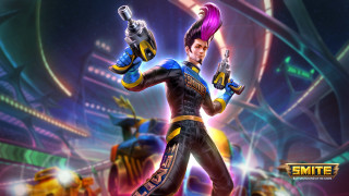 Futuristic gunman neon city concept - his hands in free wallpaper