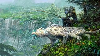 Man fishing white tiger jungle - fantasy artwork free wallpaper