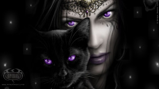 Woman purple eyes black cat 2 - a gold chain free wallpaper