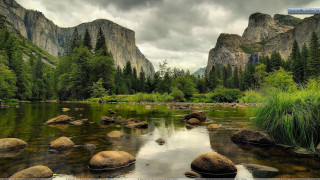 River rocks grass mountains cloudy 2 - rock and grass free wallpaper