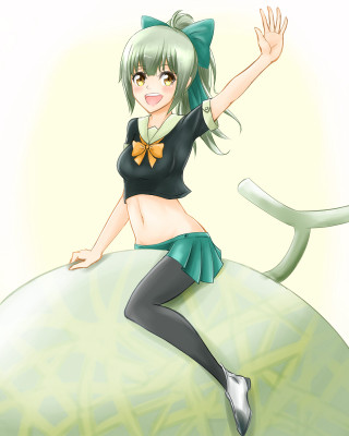 Cartoon girl green hair bow - fullbody free wallpaper