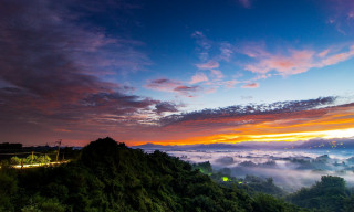Sunset mountain bridge foggy valley 2 - a few light free wallpaper