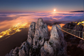 Suspension bridge mountain city night - andrey esionov free wallpaper