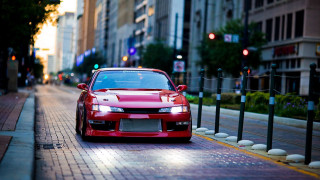 Red car street fence tilt - building free wallpaper