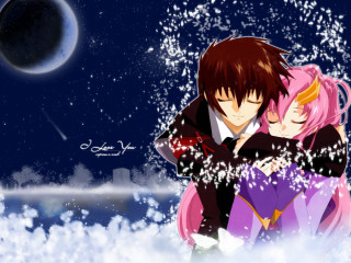 Anime couple hugging snow moon - a moon in the background free wallpaper for desktop