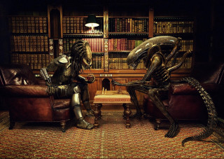 Alien statues library reading coffee - coffee free wallpaper