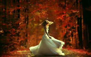 Woman white dress forest autumn 2 - dreamlike free wallpaper for desktop