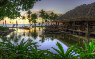Tropical resort lake boat sunset - tropical free wallpaper